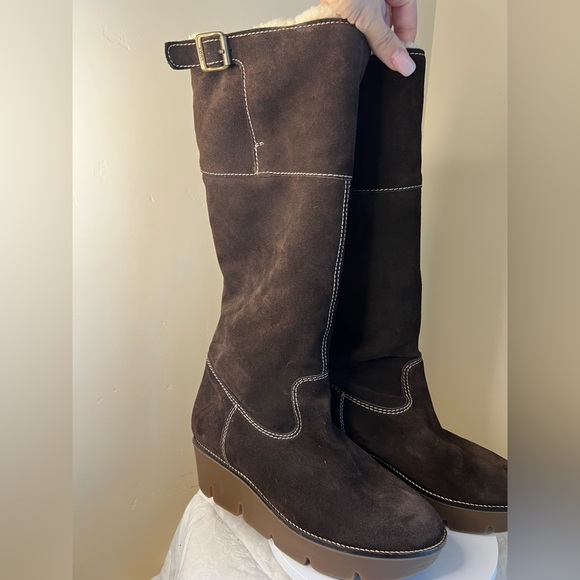 Michael Kors Dark Brown Suede Wedge Boots with Brass Buckle and Sherpa lining - Picture 1 of 16